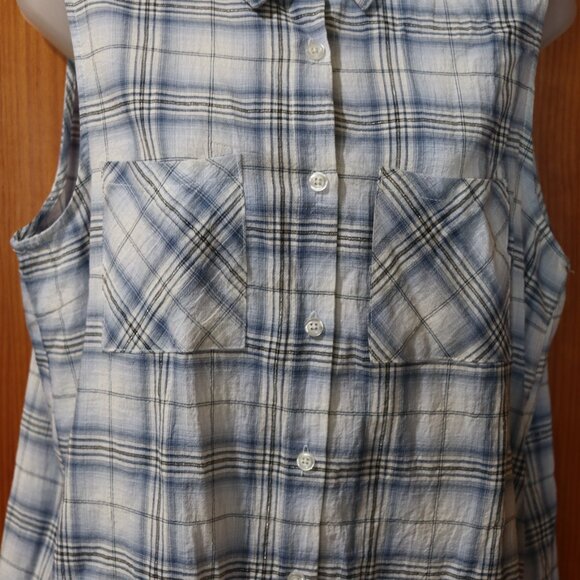 YA Los Angeles Blue White Tan Plaid Sleeveless Button-Up Top L NWT - Picture 3 of 13